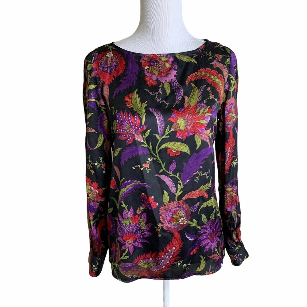 Ralph Lauren Satin Multicolor Floral Print Blouse